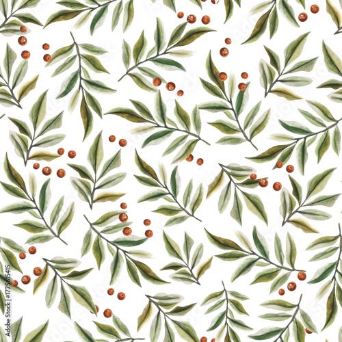 Seamless watercolor Christmas pattern with oranges, cinnamon, greenery, and spices. Festive citrus Christmas background.