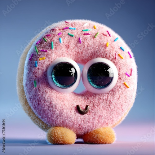 Kawaii Donut Character Covered in Pink Icing and Sprinkles