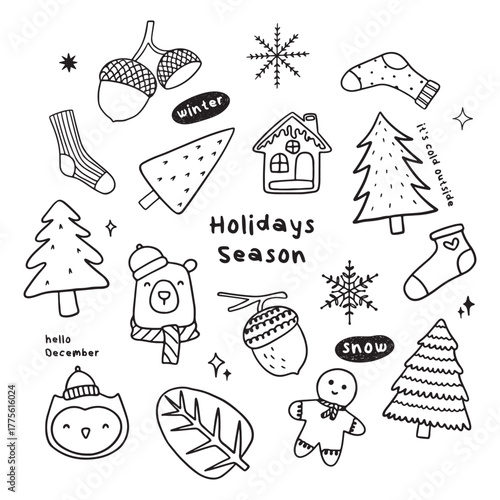 set of winter Christmas icon, cute doodle hand drawn illustration 