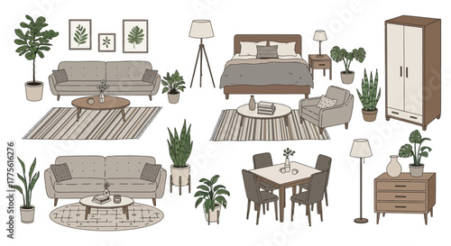 interior design plan illustration showcasing furniture layout and home decor elements for architectural visualization and real estate marketing