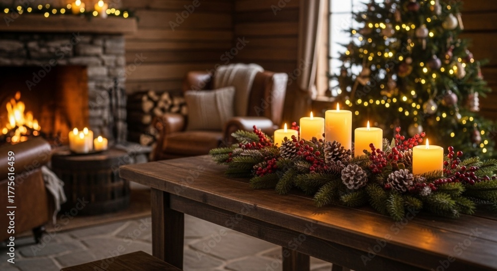 Obraz premium Festive Christmas scene with candles, tree, and fireplace creating a warm, cozy atmosphere.