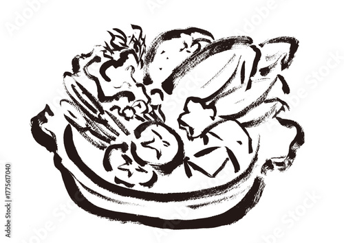 蟹鍋　和風筆書きイラスト　モノクロ