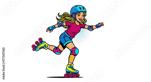 Young girl roller skating with a smile in colorful outfit and helmet  