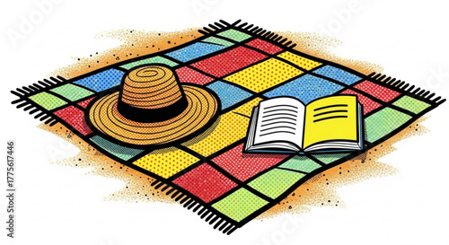 Picnic setup with straw hat and open book on colorful blanket  