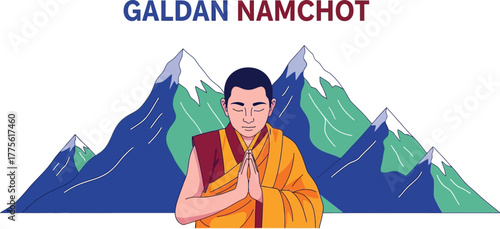 Galdan Namchot vector illustration of a monk praying in front of mountains