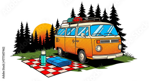 Vintage camper van parked in forest at sunset with picnic setup  