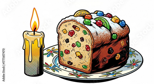 Festive fruitcake with decoration on plate beside lit candle  