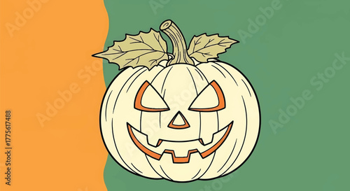 An illustrated white Jack-o'-lantern with a spooky face for Halloween on a colorful background.