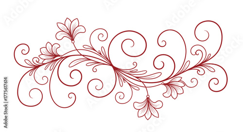 Elegant floral scroll design featuring stylized flowers and swirling tendrils in a delicate maroon color on a white background.