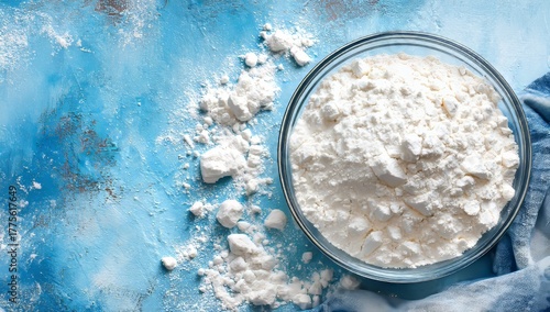 White titanium dioxide powder is displayed on a glass plate set against a blue backdrop, with calcium carbonate and magnesium nearby