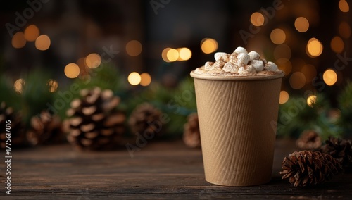 Festive and holiday mood is captured in a paper cup of hot chocolate topped with fluffy marshmallows, a truly tasty drink