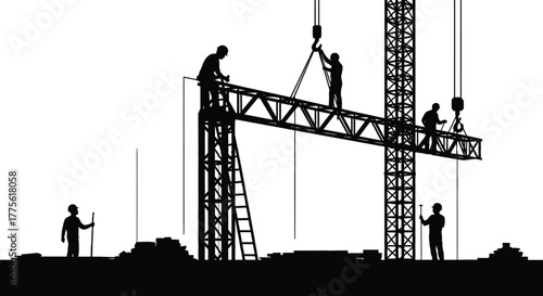 Construction workers silhouette, crane lifting steel beam, teamwork at building site, industrial safety, scaffold structure, engineering labor, black and white illustration