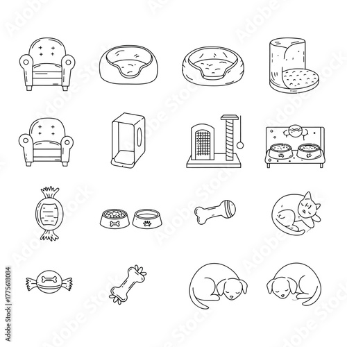 pet supplies icons variety of cat and dog beds food bowls toys and furniture line art for pet stores or blogs showcasing animal comfort
