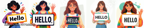vector of a woman holding a "Hello" sign