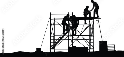 Construction workers silhouette, scaffold teamwork, ladder access, industrial labor, safety gear, black and white illustration, building process, elevated work, site activity