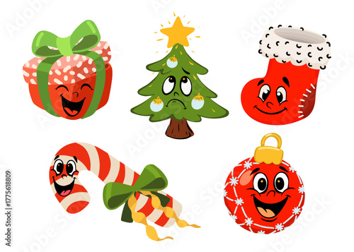 Cartoon doodle set of items with emotions for Christmas and New Year.