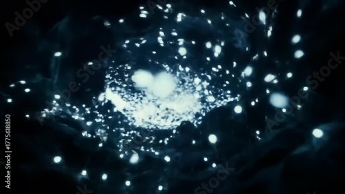 Abstract Swarm of Glowing Blue Particles in Dark Space.