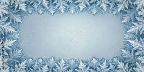 An icy winter frame made of frost on a light blue background. This vector border has a cold, frozen texture, a beautiful design with copy space for a holiday.