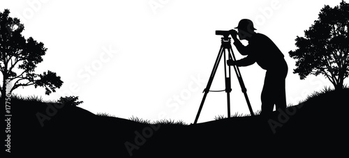 Land surveyor silhouette, tripod instrument, construction planning, terrain mapping, professional worker, black and white illustration, outdoor scene, engineering measurement