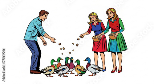 Man and two women feeding ducks at the park with joyful expressions  
