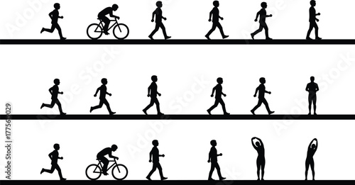 Physical activity silhouettes, running walking cycling stretching, fitness routine, motion sequence, black and white illustration, exercise concept, health movement, human figures