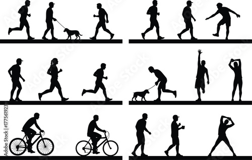 Physical activity silhouettes, walking running cycling stretching, daily movement, fitness routine, black and white illustration, outdoor exercise, health lifestyle, human figures
