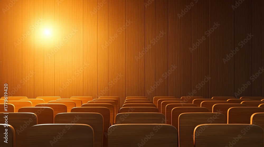 Obraz premium Warm and Inviting Empty Auditorium with Wooden Chairs Under Soft Light for Events and Gatherings