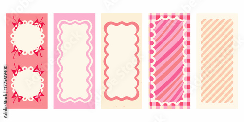 Collection of five cute vertical decorative frames with pink and cream colors and sweet designs