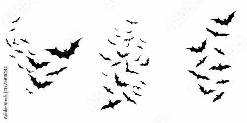 A swarm of silhouetted bats flying in three groups against a white background