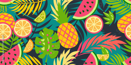 Vibrant tropical fruit and palm leaf pattern with pineapple watermelon and citrus slices