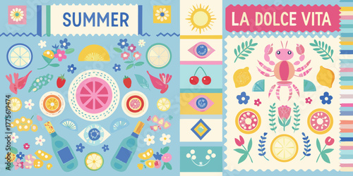 Vibrant summer collection of fruits flowers and beach elements with la dolce vita text