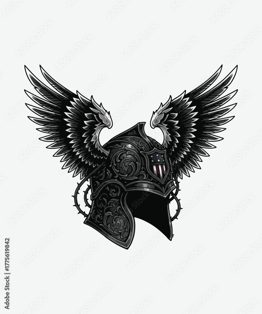 Fototapeta premium Mystical Emblem: A meticulously detailed helmet, adorned with majestic wings, symbolizing protection and valor, embodying an aura of myth and strength.