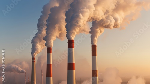 Industrial smokestacks releasing thick smoke into a colorful sunset, depicting environmental challenges and pollution concerns