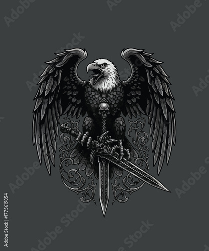 Majestic Eagle with Sword: A powerful eagle with outstretched wings fiercely clutches a sword and skull, exuding strength and dominance. A symbol of courage and freedom, against a textured background.