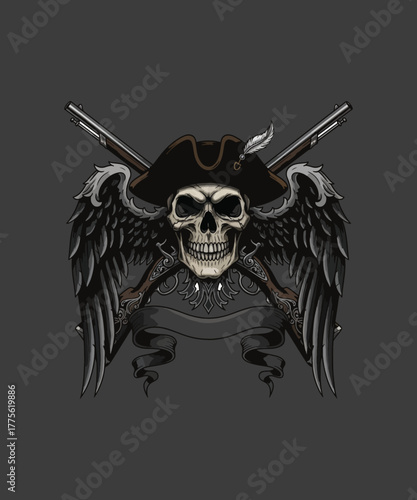 Mystic Pirate Crest: An enigmatic pirate crest showcasing a skull, crossed rifles, a feathered hat, and intricately designed wings, symbolizing adventure and defiance.