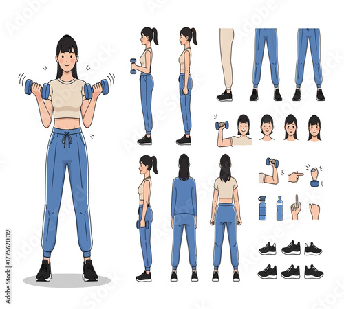 Illustration of a woman exercising with dumbbells in various poses and angles, including different views of her outfit and accessories, isolated on white background