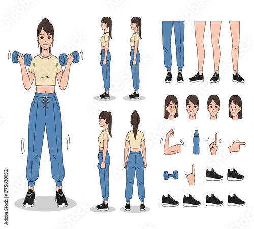 Illustration of a woman exercising with dumbbells in various poses and angles, including different views of her outfit and accessories, isolated on white background