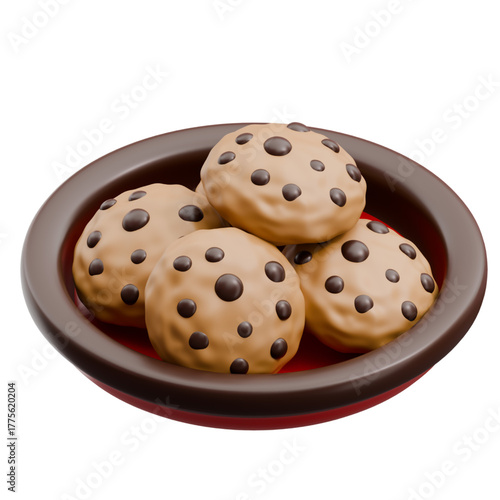 A delightful 3D rendered illustration showcasing a stack of classic chocolate chip cookies artfully arranged on a charming brown plate, perfect for symbolizing delicious snacks and sweet indulgences