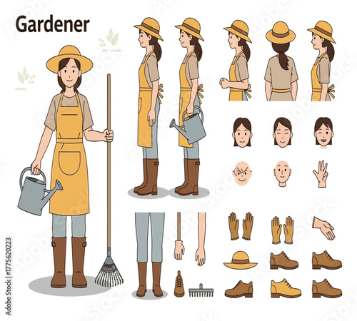 Gardener woman character design isolated on white background, presenting diverse poses, expressions, and gardening tools for animation or illustration, highlighting a cheerful and hardworking agricult