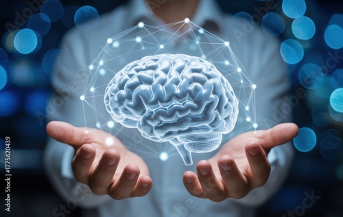 Holding the Mind: An elegant depiction of an individual cradling a holographic brain between open palms, symbolizing intellect, innovation, and the power of thought. 