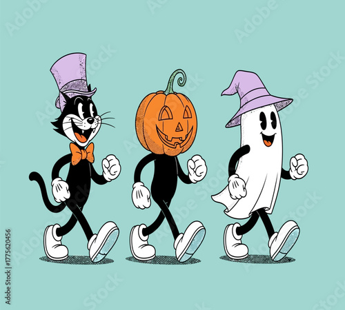 Vintage halloween cartoon characters isolated on white background a black cat in a top hat, a pumpkinheaded figure, and a ghost wearing a witchs hat, all walking in a row