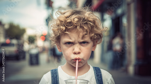 Fototapeta Naklejka Na Ścianę i Meble -  Little boy making a scowl face drinking from straw on city street