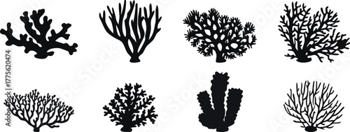 Black coral silhouette set. Diverse marine shapes for ocean-themed design