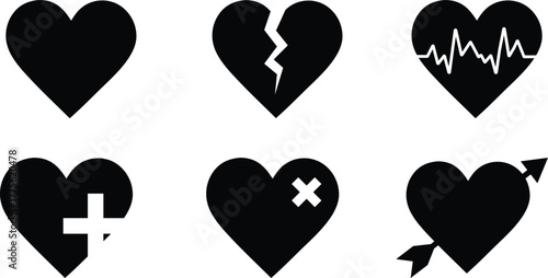 Black heart icon set. Broken, Medical, Love, Healing & Symbolic Variants