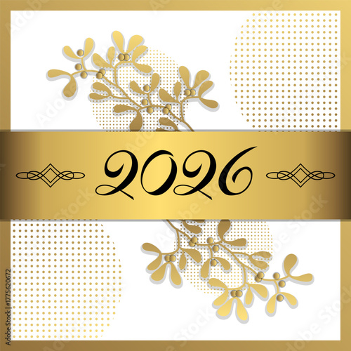 2026 - Carte de vœux raffinée et luxueuse, avec des branches de houx or sur un fond blanc décoré de cercles tramés.