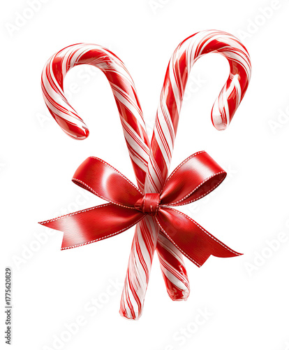 Two candy canes tied with a red ribbon against a black background