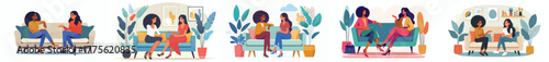 vector of 2 female friends talking casually on the sofa