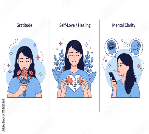 Illustration showcasing gratitude, selflovehealing, and mental clarity as essential components of overall wellbeing, isolated on white background