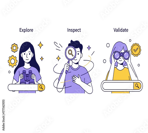 Illustration depicting explore, inspect, and validate as key steps in a process, showcasing individuals using tools for discovery, isolated on white background