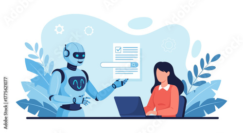 Ai assisted research robot helping a woman with search using a laptop in a modern office illustrating ai technology and innovation.